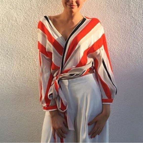 ZARA orange- red, white, cream & black striped wrap and tie cropped blouse - Picture 2 of 11